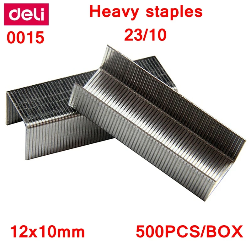 Deli 500pcs/Box Heavy Duty Staples 23/10 Staples 12x10mm Staples Width 12mm Height 10mm Capacity 75 Pages 70g Papers 0015