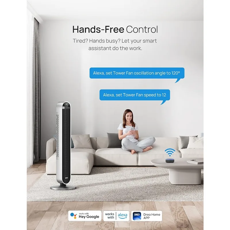 Dreo 120° Oscillating Tower Fan, 42 Inch Bladeless Fan for Bedroom, 25dB Quiet DC Motor, Standing Fan with Remote 2