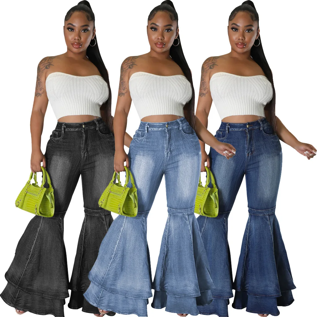 

Plus Size Jeans Women Casual High Waist Flare Flared Pants Bottom Ruffled Hem Fashion Denim Streetwear