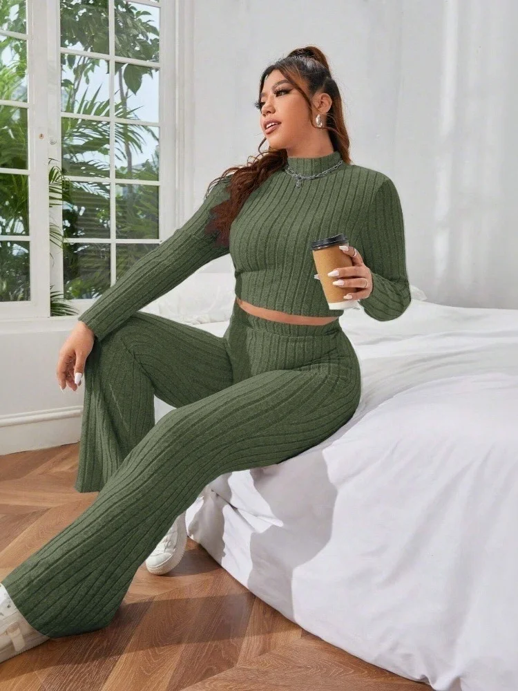 Wmstar Plus Size Women's Two Piece Sets Fashion Autumn and Winter Solid Color Comfortable and Slimming Bodycon Matching Suit