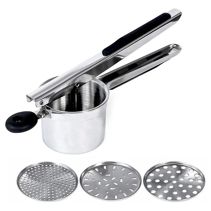 Stainless Steel Potato Ricer with 3 Interchangeable Fineness Discs Silicone Grip Handle Kitchen Tools Potato Press Masher