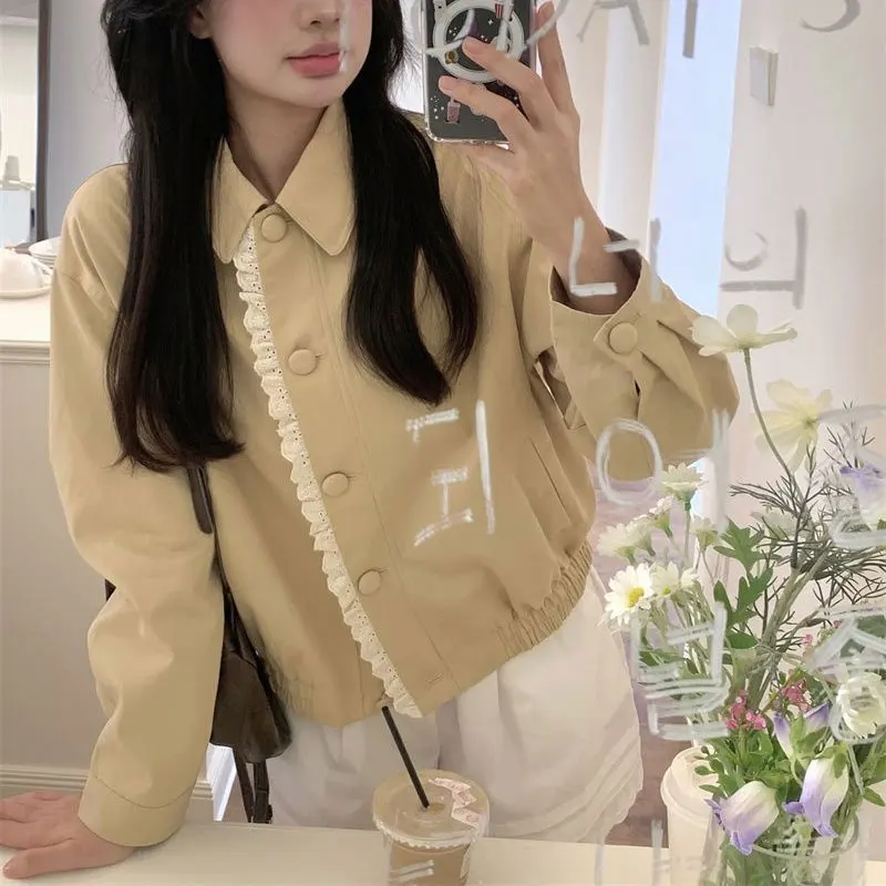 Abbigliamento da donna Cappotti corti tinta unita Colletto rovesciato vintage Autunno Elegante pizzo impiombato Giacche basic casual a maniche lunghe - immagine 5