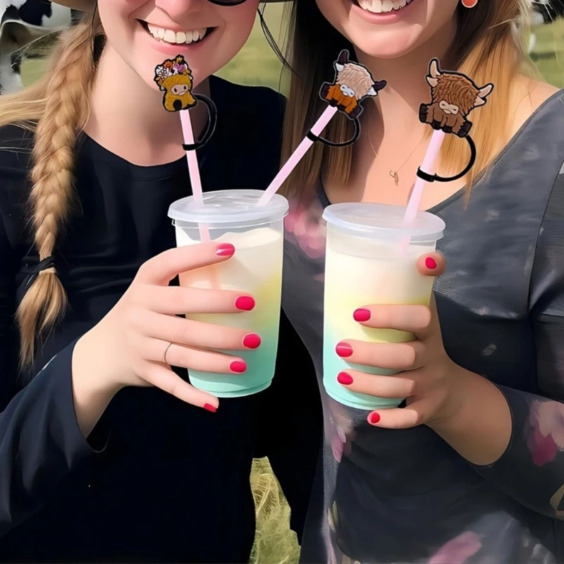 Set of 6 Unique Cartoon Straw Stopper Adorment Colorful Plastic Straw Lid Cow Shaped Plug Drinkware Accessorys