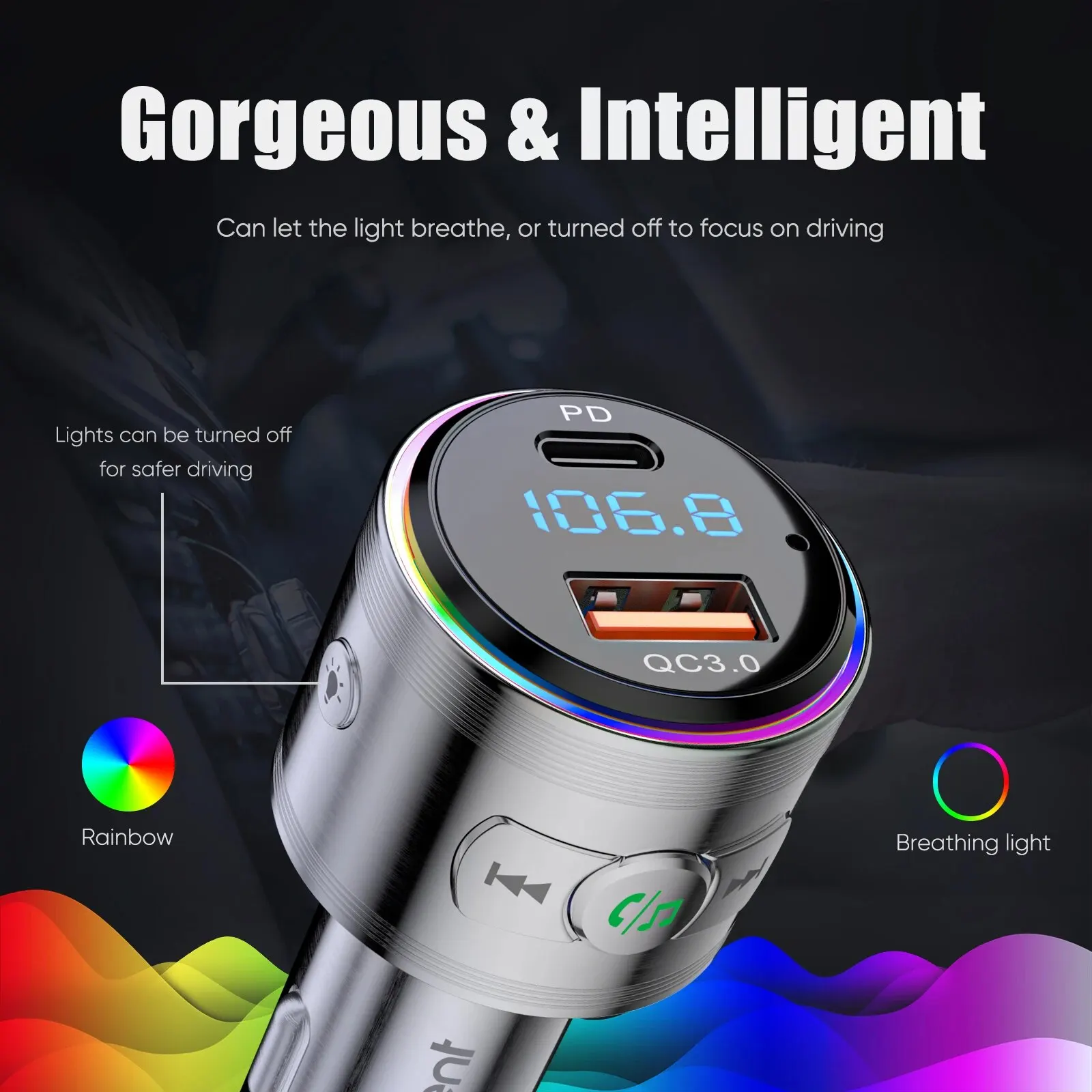 Car Charger FM Transmitter Bluetooth 5.3 Full Metal Bluetooth Car Adapter with PD 20W QC3.0 Fast Charger Hi-Fi Music Adapter car charger fm transmitter