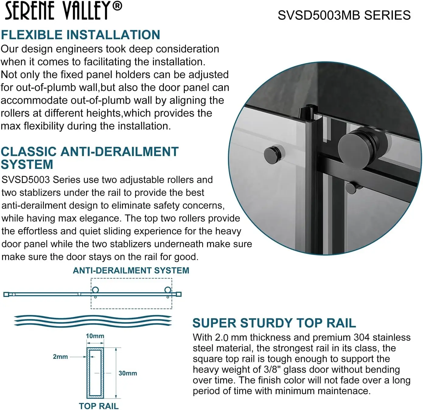 Square Rail Frameless Sliding Shower Door SVSD5003-4874MB, Easy-Clean Coating 3/8" Tempered Glass - 304 Stainless Steel Hardware 4