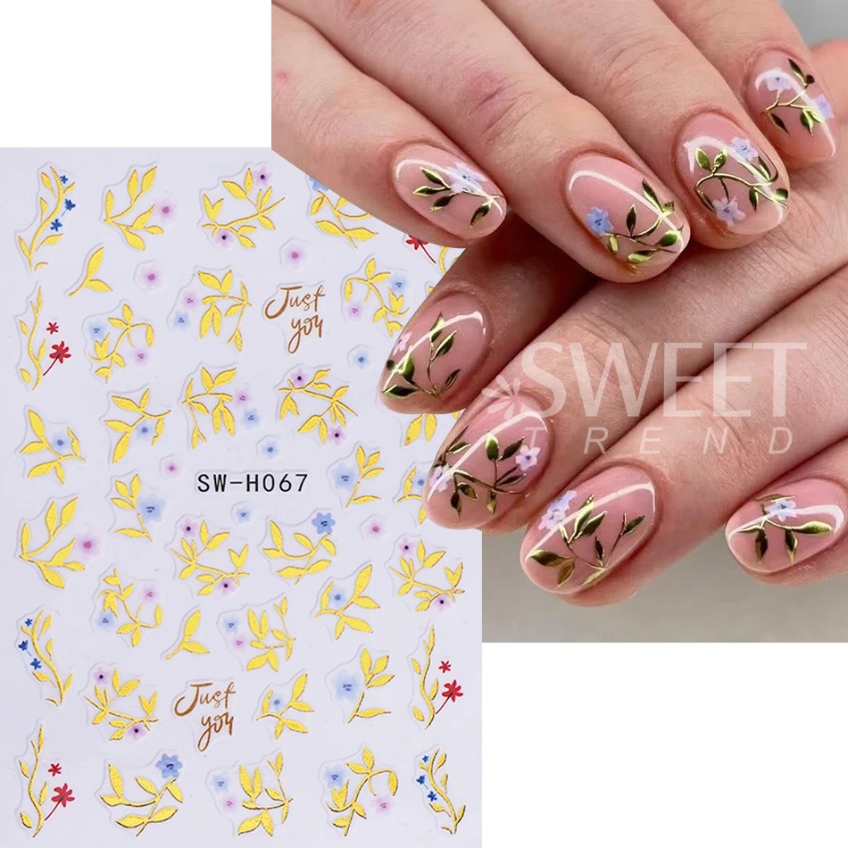 3pcs Elegant Flower Nail Stickers 3D Bronzing Rose Petals Vine Leaf Design Adhesive Nail Decals Sliders DIY Manicure Decoration