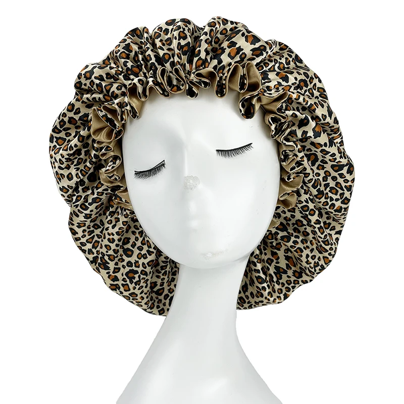 Large Double Layer Silky Satin Bonnet Women Beauty print Sleep Night Cap Head Cover Bonnet Hat for Curly Springy Hair Wholesale 2