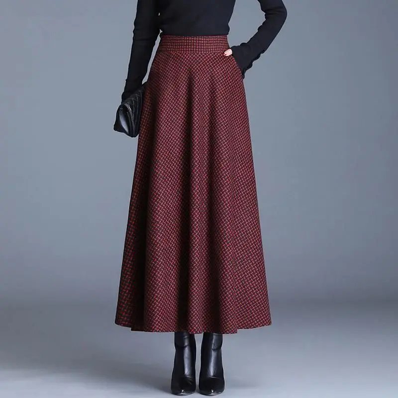 Autumn Winter Women Wool Plaid Skirt Office Lady Fashion Temperament Simple Versatile High Waist Casual Long Large Swing Skirts sweet turtleneck knitting sweater dress lambs wool coat twinset suits winter maternity clothes set office lady elegant dress set