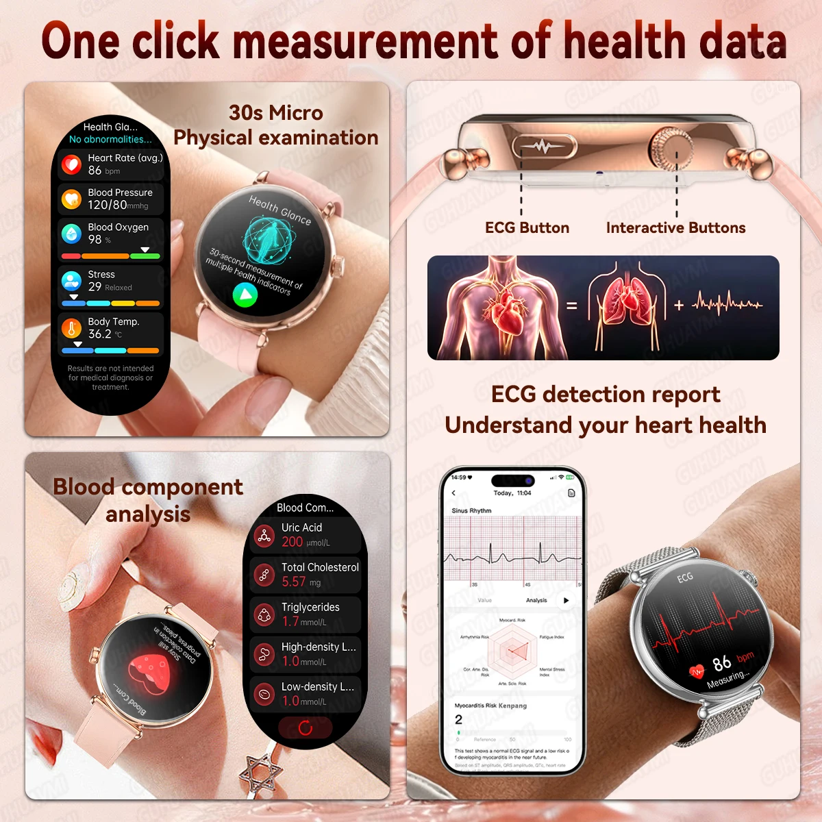 2026 New Women Fashion Health Smart Watch ECG+PPG Body analysis Blood Pressure Health Monitor IP68 Sports Voice Call Smartwatch 3