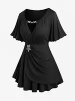 ROSEGAL Plus Size Lettuce Ruched Keyhole Flutter Sleeves Surplice Tee 2026 Women Summer new soild V-Neck Short Sleeves Tee - Image 2
