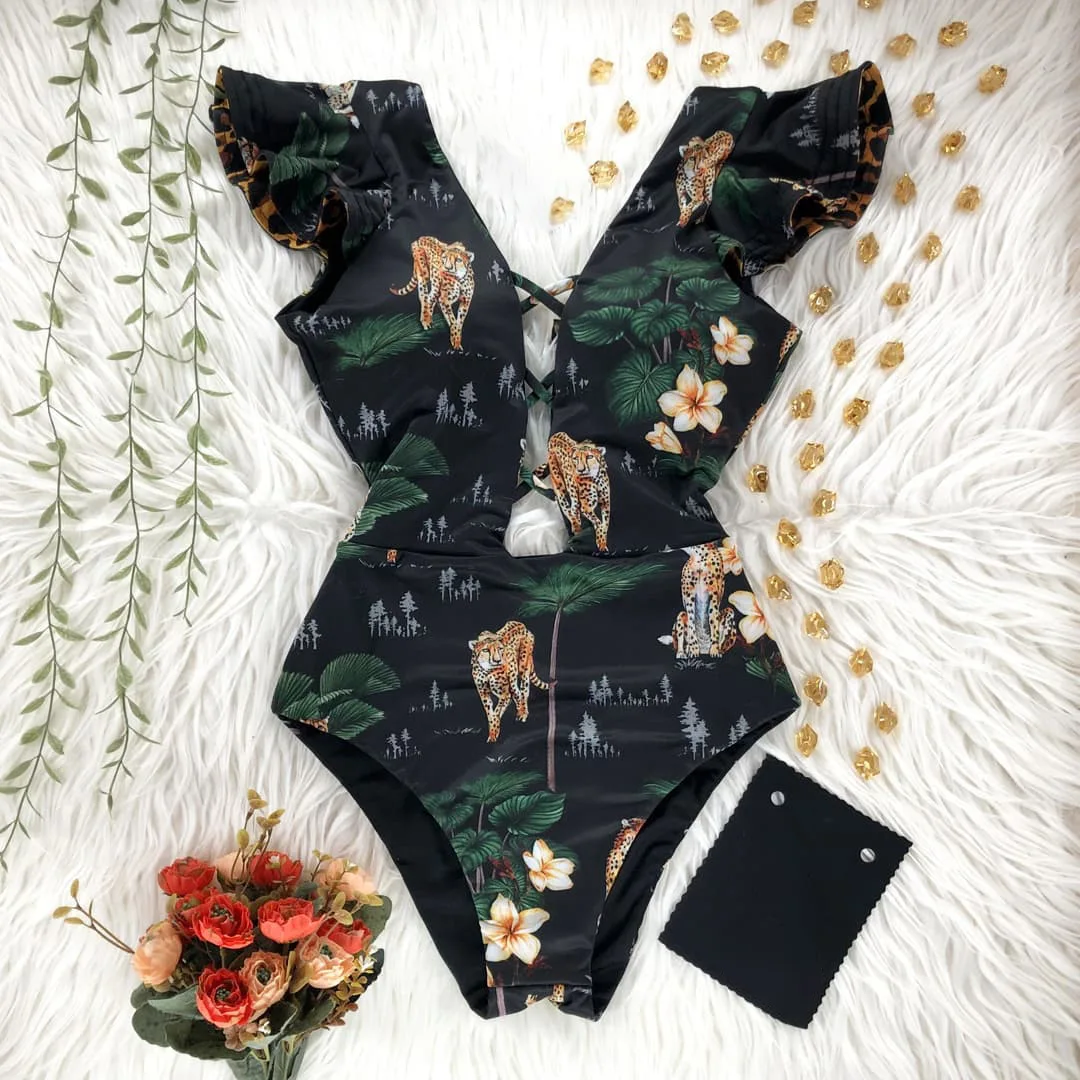 Printed One-piece Swimsuit Women New Sexy Swimwear High Waist Bikini Beach Beachwear Deep-V Bathing Suits Beach Wear Swim Suit