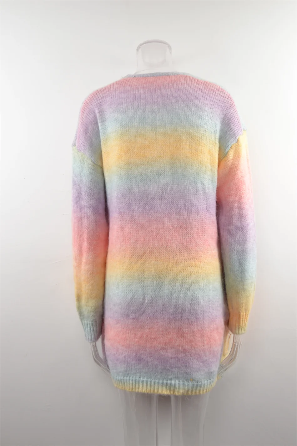 2024 New Winter European American Sweaters Rainbow Tie-dye Mid-length Oversized Cardigan Women Knitwear Jacket Long Sleeved Tops