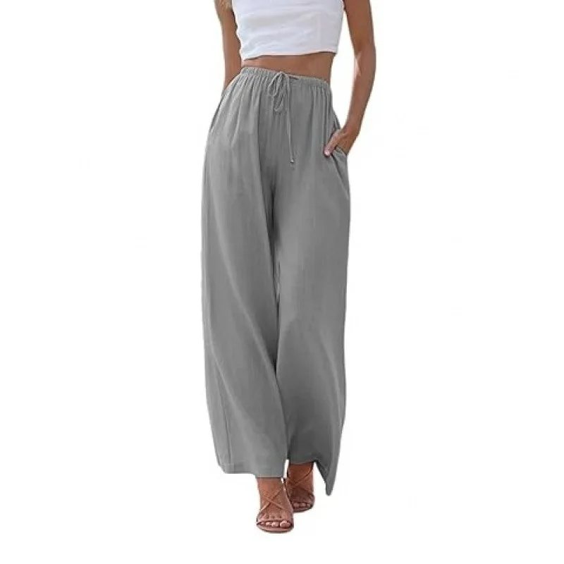 Women’s summer linen wide leg high waist drawstring casual palazzo pants with pockets gray