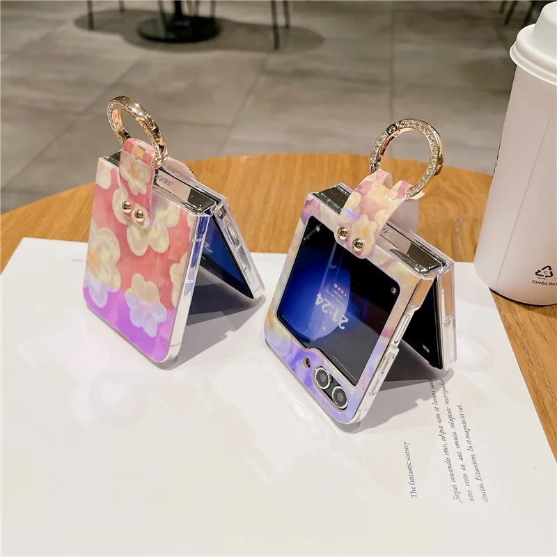 Ring Blu-ray Flower Phone Case For Samsung Galaxy Z Flip 5 4 3 5G PC Protective Flip5 Flip4 Flip3 Cover