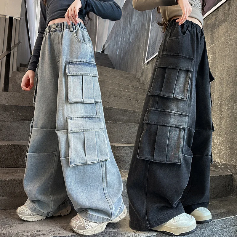 Pantalon Baggy Pour Femmes, Taille Haute, Multi-poches, Denim Délavé, Style Boyf