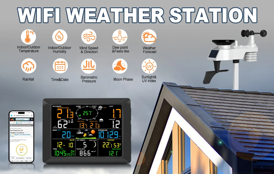 8.3" WiFi Weather Station 14-in-1 with Solar Sensor 328FT Range Real-Time Sync t