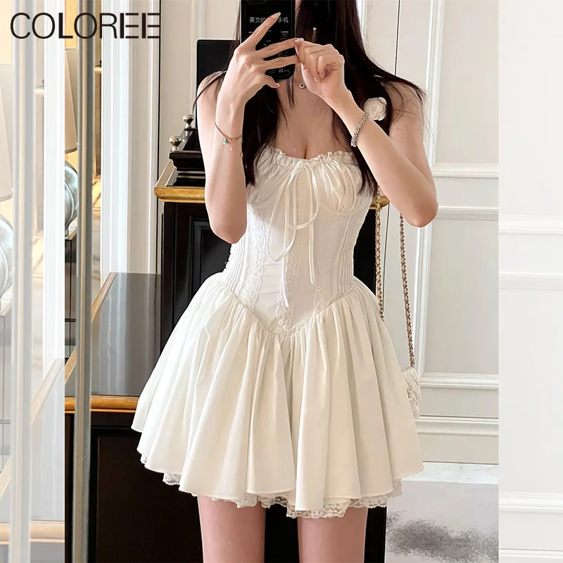 

Runway Designer Dress Women Luxury Elegant Lace Patchwork Ruffles Mini Dresses 2023 Sexy Spaghetti Strap Vestidos Para Mujer