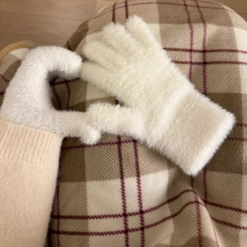 Winter Thick Simulated Rabbit Fur Warm Bicycle Solid Color Five Finger Outdoor Skiing Cold Resistant Gloves  Convenient