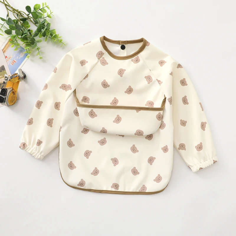New Children Feeding Aprons Long Sleeve Baby Bib With Pocket Full Cover Kid Gown With Bag Waterproof Long-Sleeve Smock 4