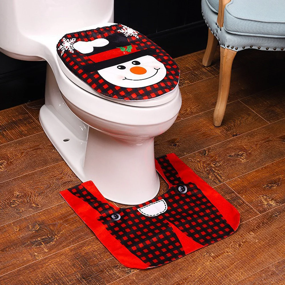 2PcsChristmasBathroomMatsSetSantaClausToiletUShapeMatToilet