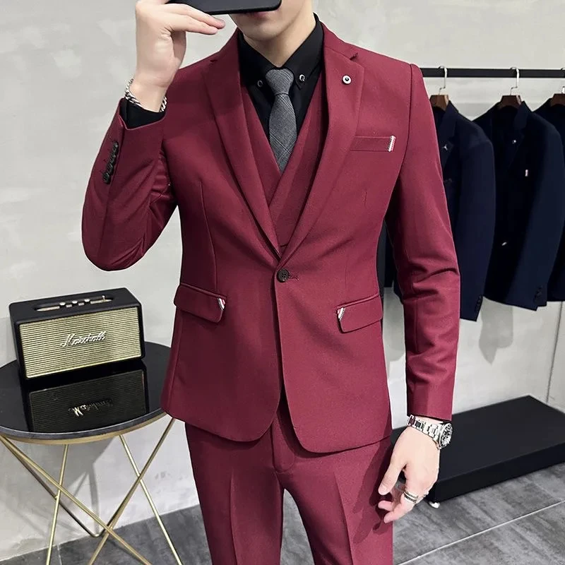 T274 High-end Brand Boutique Fashion Solid Color Mens Casual Business Suit 3Piece Set Groom Wedding