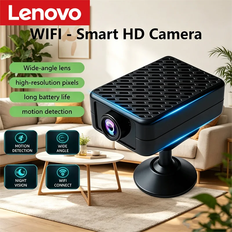Lenovo Security Camera WiFi-Connected Remote Smart Monitoring 140-Degree HD Camera DVR Battery Backup in Case of Power Outage