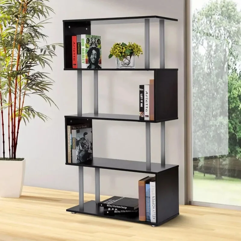 Bibliothèque en forme de S à 5 niveaux, bibliothèque à échelle moderne avec cadre en acier inoxydable et support d'étagère en bois en forme de Z