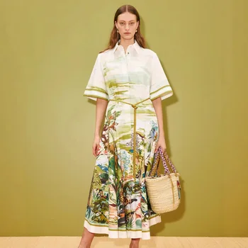 New Casual Fashion Linen Shirt Collar Cardigan Long Dress 1