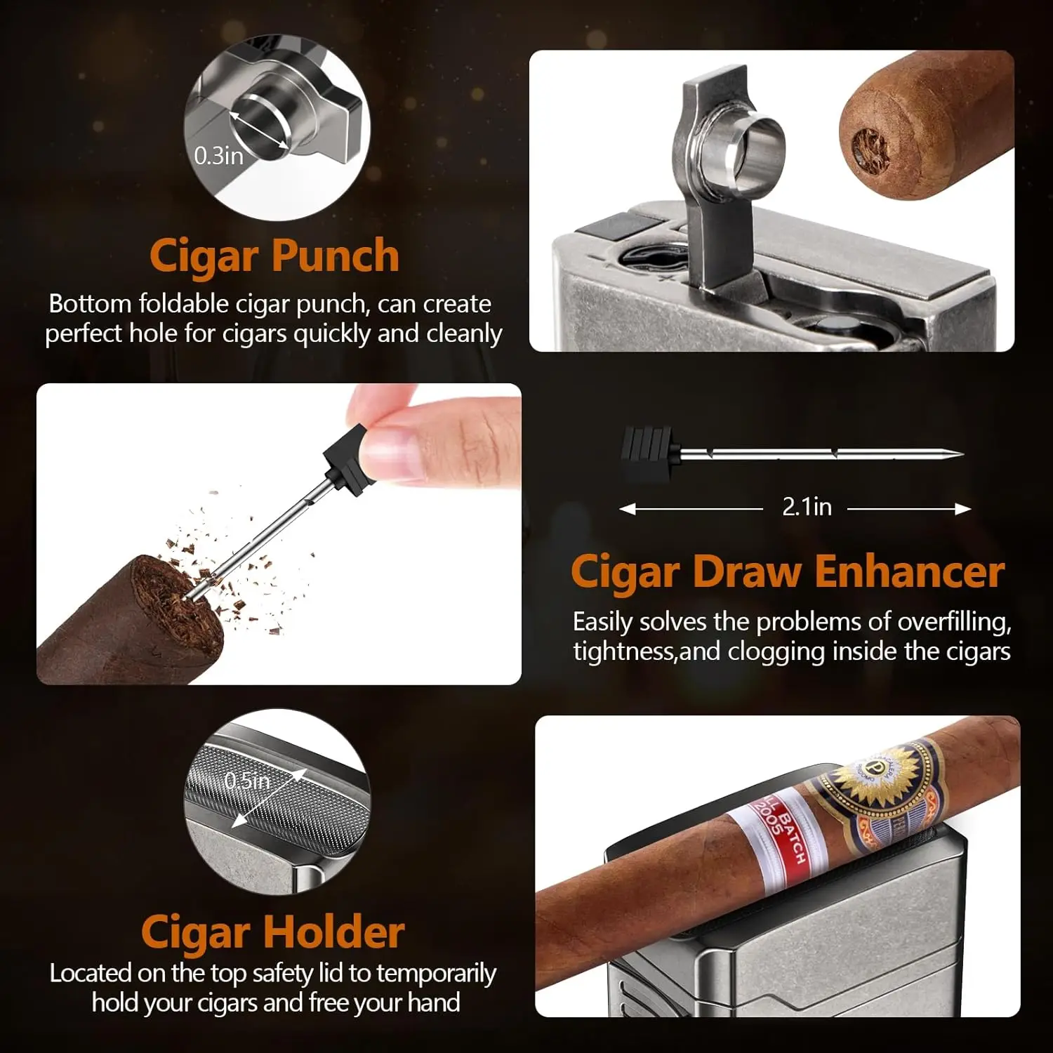 Scotte Cigar Lighter 4 Jet Flame,Refillable Butane Lighter with Cigar Cutter V Cut Cigar Punch Cigar Holder Cigar Draw Enhancer 4