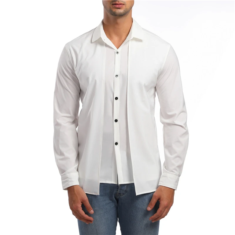 

2023 new men's long-sleeved shirt fashion personality double placket casual fashion long-sleeved shirt host evening dress shirt
