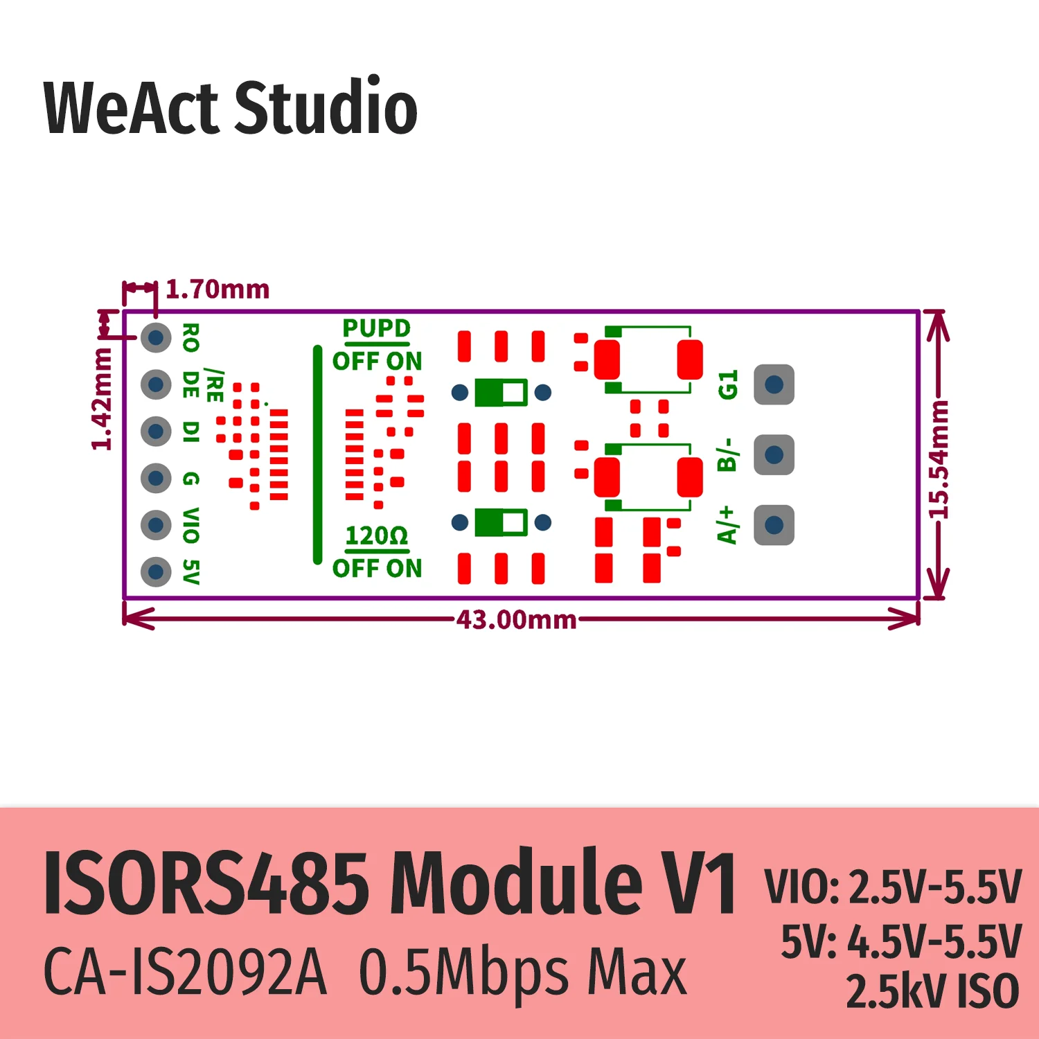 WeAct ISORS485 모듈 V1 CA-IS2092A 0.5Mbps 2.5kV 절연 2.5-5.5V I/O RS485 트랜시버 보드 Uart to 485