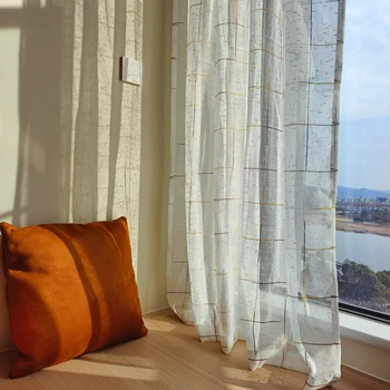 가벼운 흰색 커튼, 격자 무늬 커튼, 로드 포켓 커튼, 거실 커튼, 1 패널