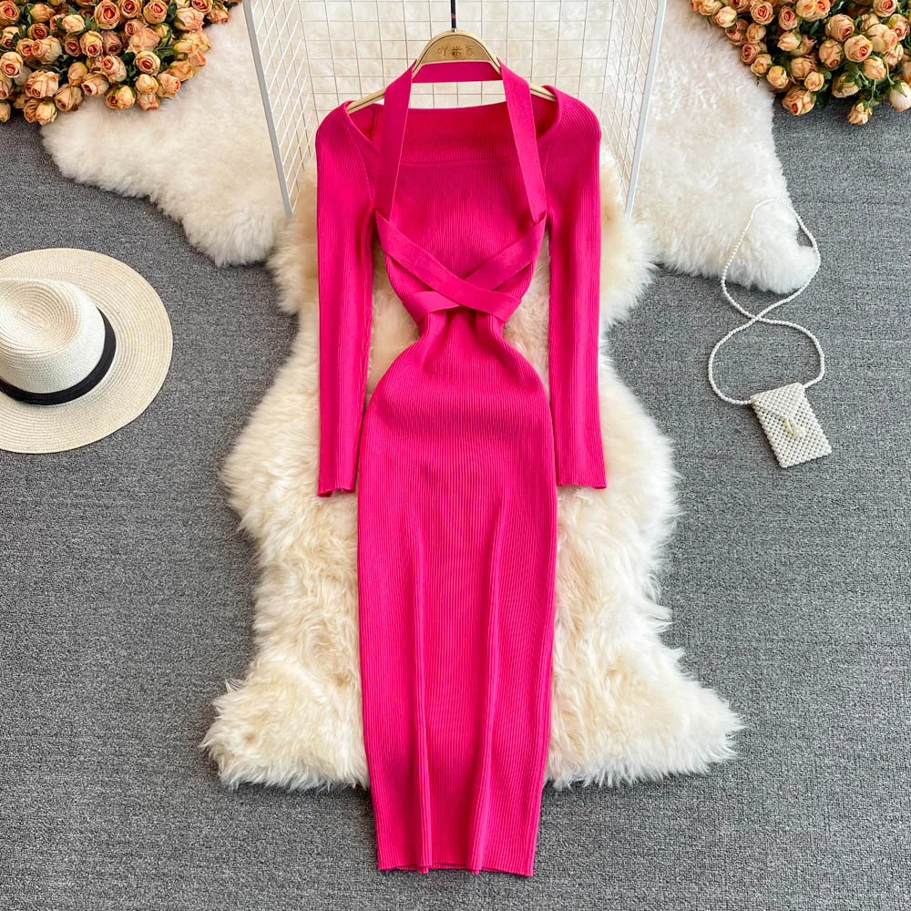 

2022 Spring Fashion Royal Sister Fan Long Sleeve Hanging Neck Square Collar Exposed Collarbone Slim Fit Hip Wrap Knitted Dress