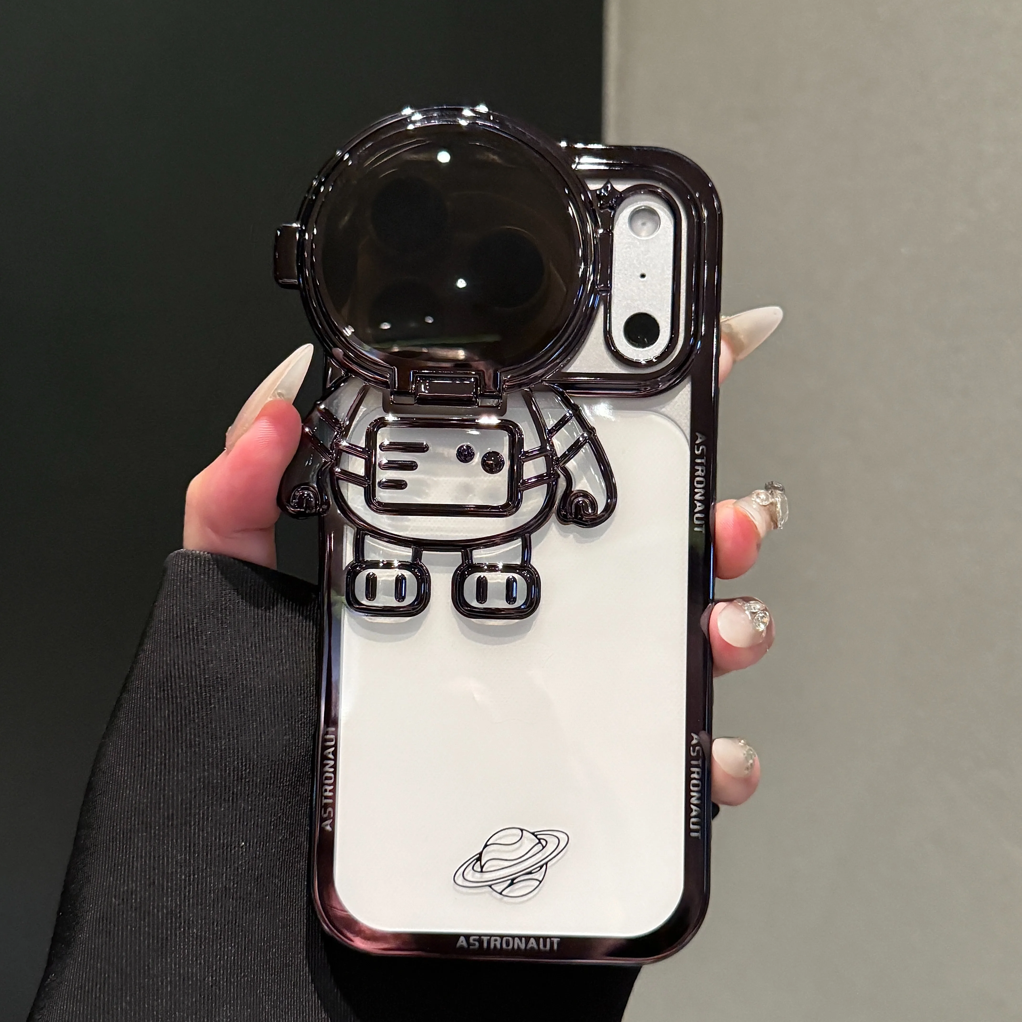 Cosmic Cartoon Electroplated Phone Case with Camera Protection and Built-in Stand