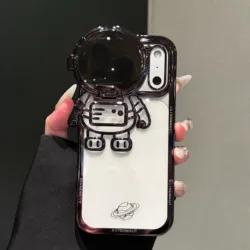 Cosmic Cartoon Electroplated Phone Case with Camera Protection and Built - in Stand - iPhone 15 (Black TM)