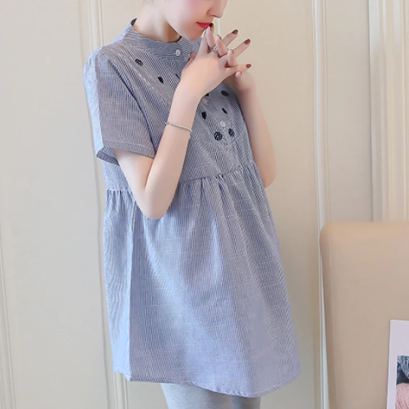 Maternity Woman Summer Long Loose Stripe Shirts Fashion Stripe Embroidery O-Neck Cotton And Linen Blouse Pregnant Woman Clothes 5