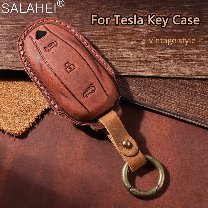 

Vintage Leather Car Smart Key Case Cover Bag For Tesla Model S X Auto Remote Shell Fob Holder Protector Keychain Accessories
