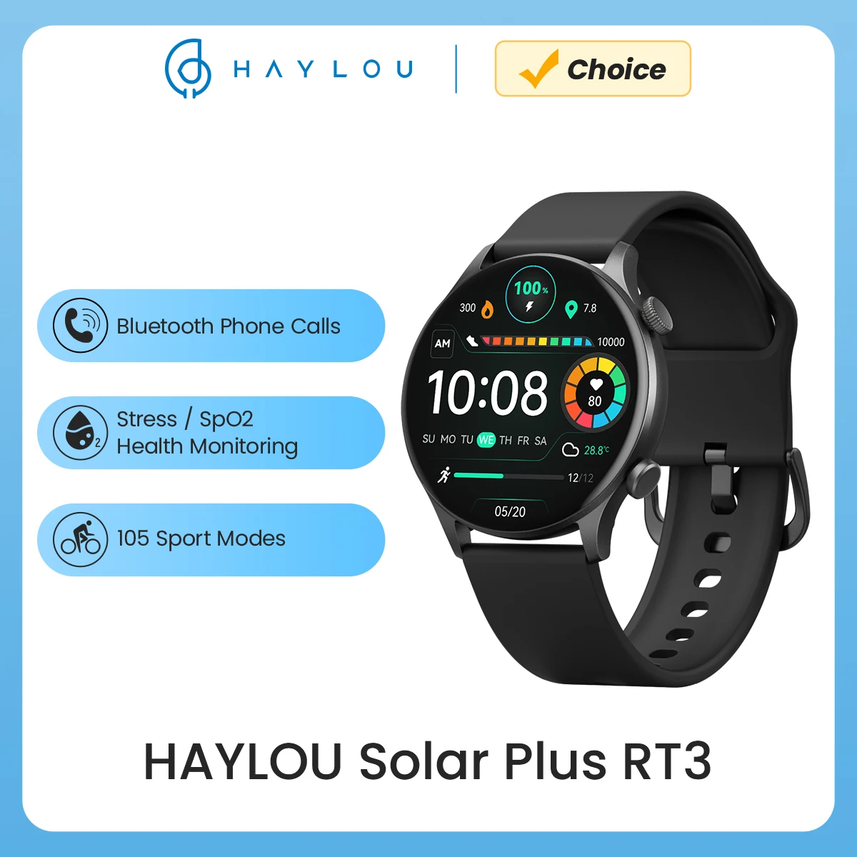 Smart Watch HAYLOU Solar Plus RT3 1.43"AMOLED Display Bluetooth Phone Call Health Monitor IP68 Waterproof Sport