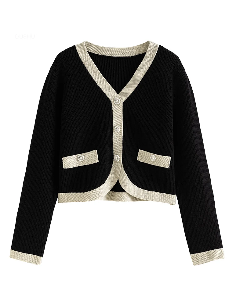 DUSHU 여성 니트 가디건 + 서스펜더 스커트 투피스 세트, 프렌치 배색, 겨울 신상 스타일