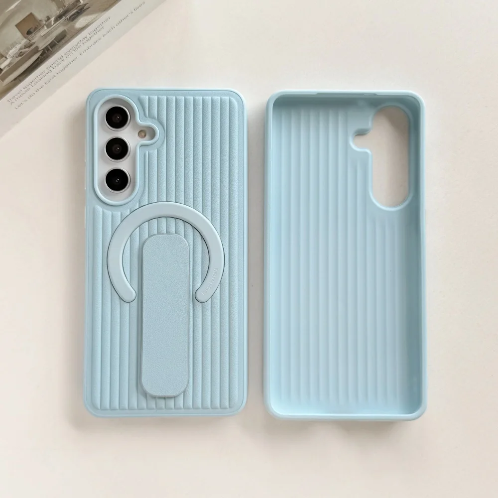 Adjustable Ring Holder Leather Magnetic Case with Creative Corrugated Stripe Cover