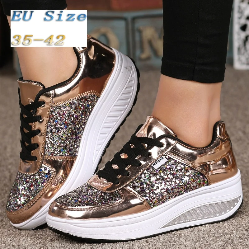 Womens Platform Toning Wedge Shoes Sequins Shake Shoes Fashion Girl Sport Fitness Woman Slimming Sneakers