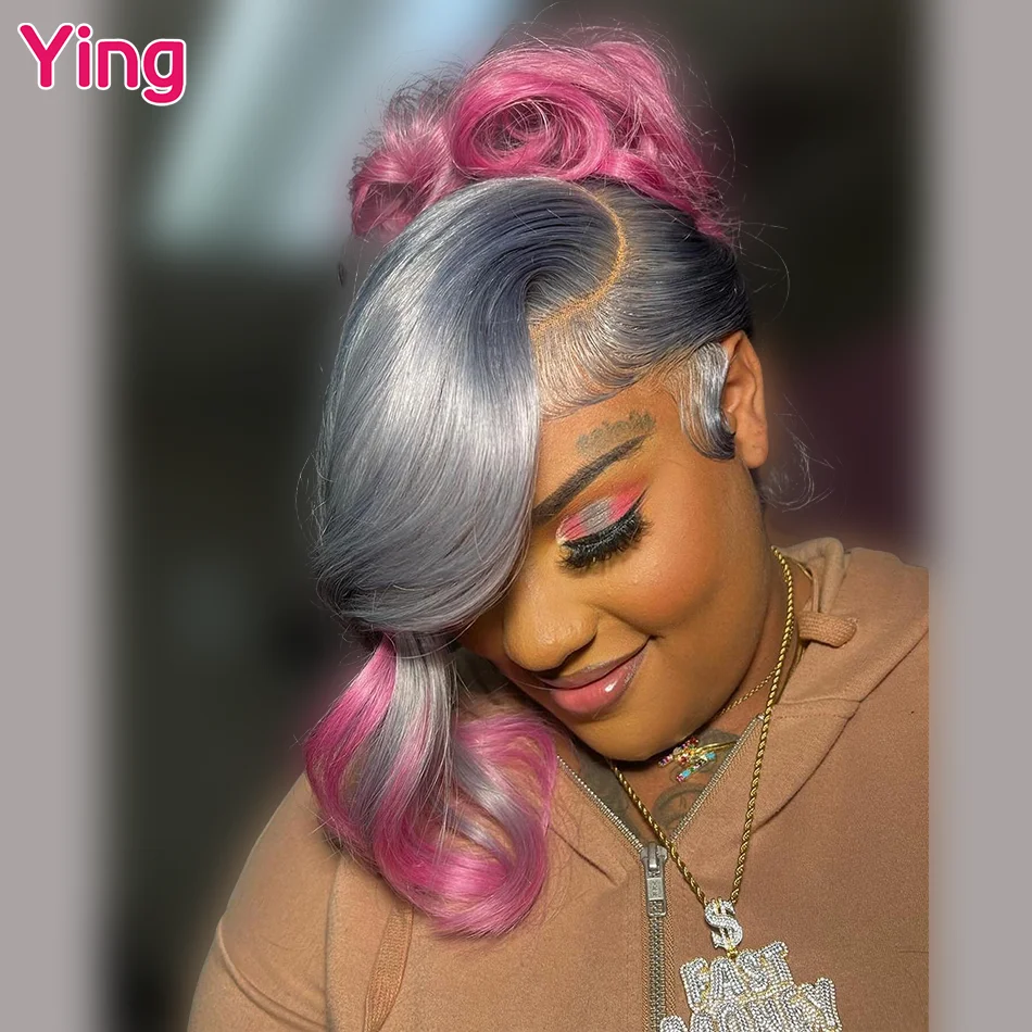 Ying Hair Silver Gray Root Pink Colored Body Wave Remy 13x6 Lace Frontal Wig 150% PrePlucked 13x4 Lace Front Human Hair Wig