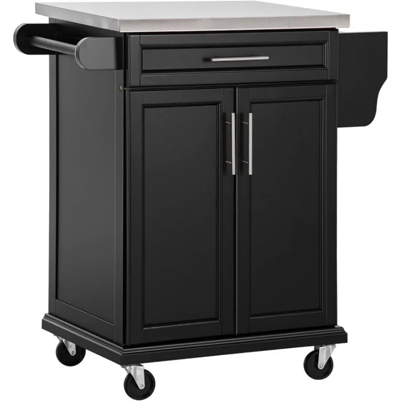 

Kitchen Island on Wheels,Rolling Kitchen Cart with Stainless Steel Countertop,Towel Rack and Spice Rack, Utility Storage Trolley