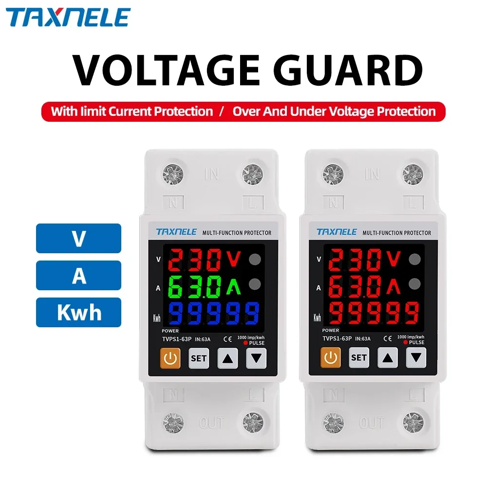 TAXNELE TVPS1-63P 3IN1 Display Din Rail Adjustable Over Under Voltage Surge Protector Relay Over Current Protection Kwh Power Meter 230V 63A