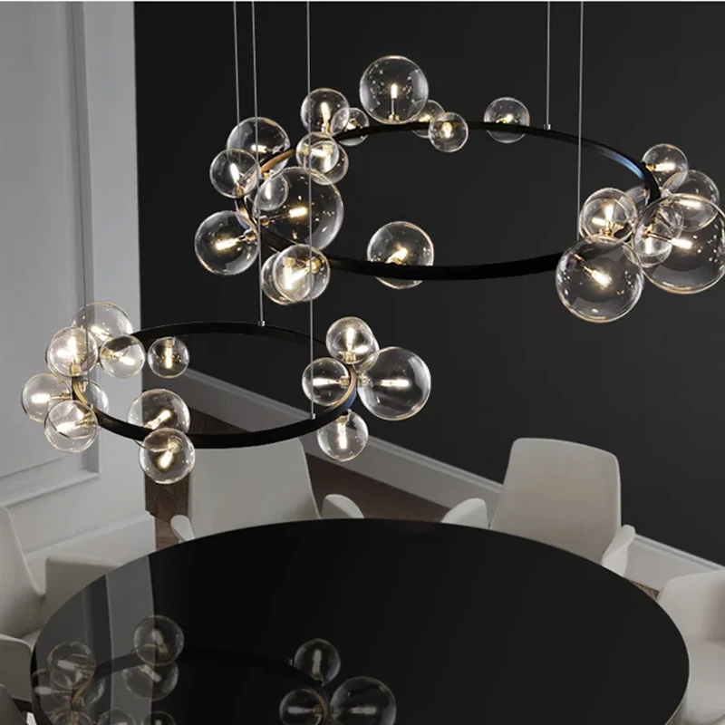 

Modern Ring Glass Ball LED Chandelier Nordic Style Living Dining Room Kitchen Study Gloss Home Design Interior Decoration Lamps