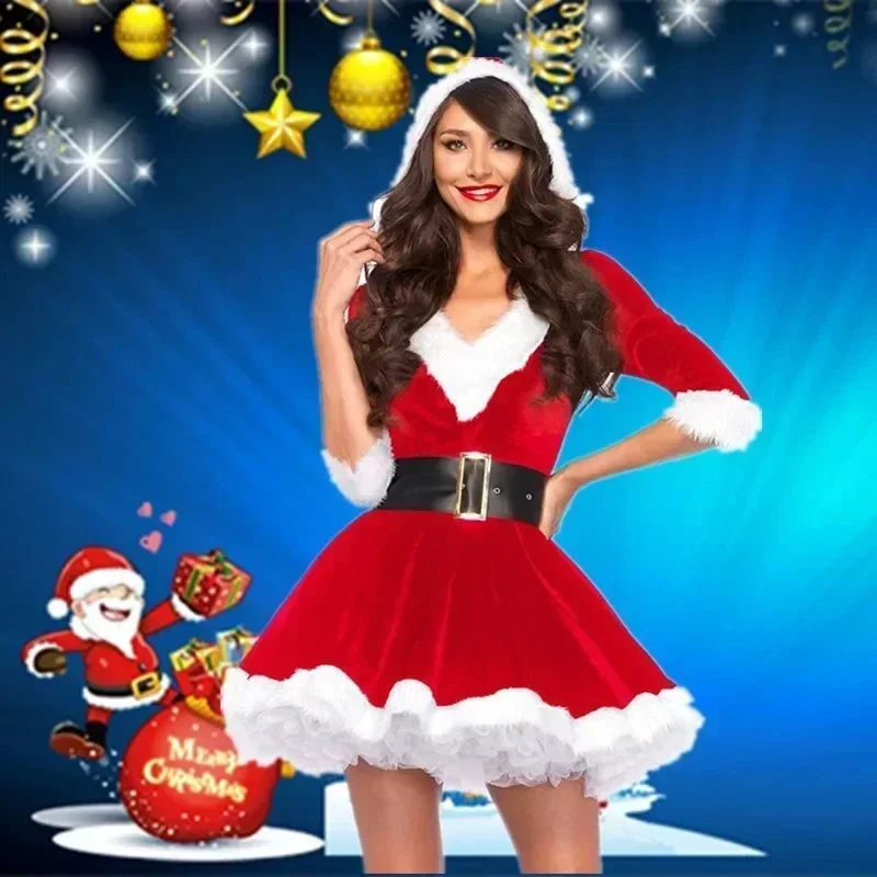 Adults Lady Women Slim Fit Hooded Sexy Velvet Christmas Suit Costumes Female Santa Claus Cosplay Xmas Party Fancy Dress