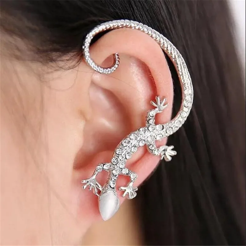 New Fashion Rhinestone Ear Cuff Earring luxury Rose Gold Color Exaggerated Gecko Lizards Earrings Elegant Metal Cat Ear Clip ear clip earrings,clip earrings,ear clip,ear accessories