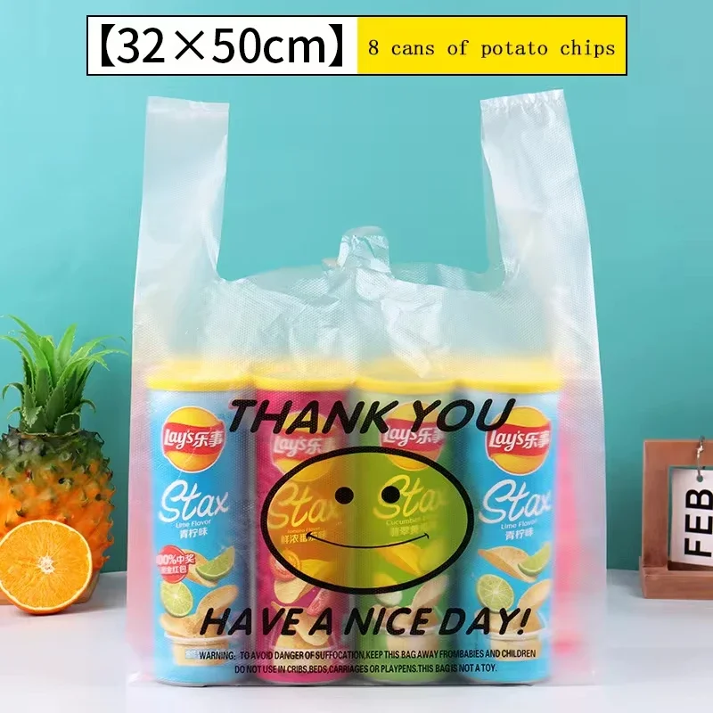 100/50 Pcs Plastic Food Storage Bags With Handle Transparent Shopping Fresh-keeping Carry Out Bags Smile Gift Kitchen Accessory