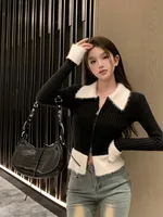 Bla ort Zipper Knitted Cardigan Women's Autumn Winter Faux Fur Collar Slim Fit Base irt Sweet Sle Warm Thiened Sweater