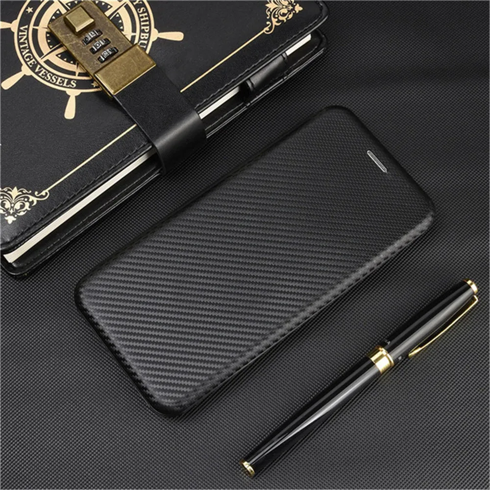 Magnetic Flip Phone Case with Carbon Fiber Pattern and Card Slot